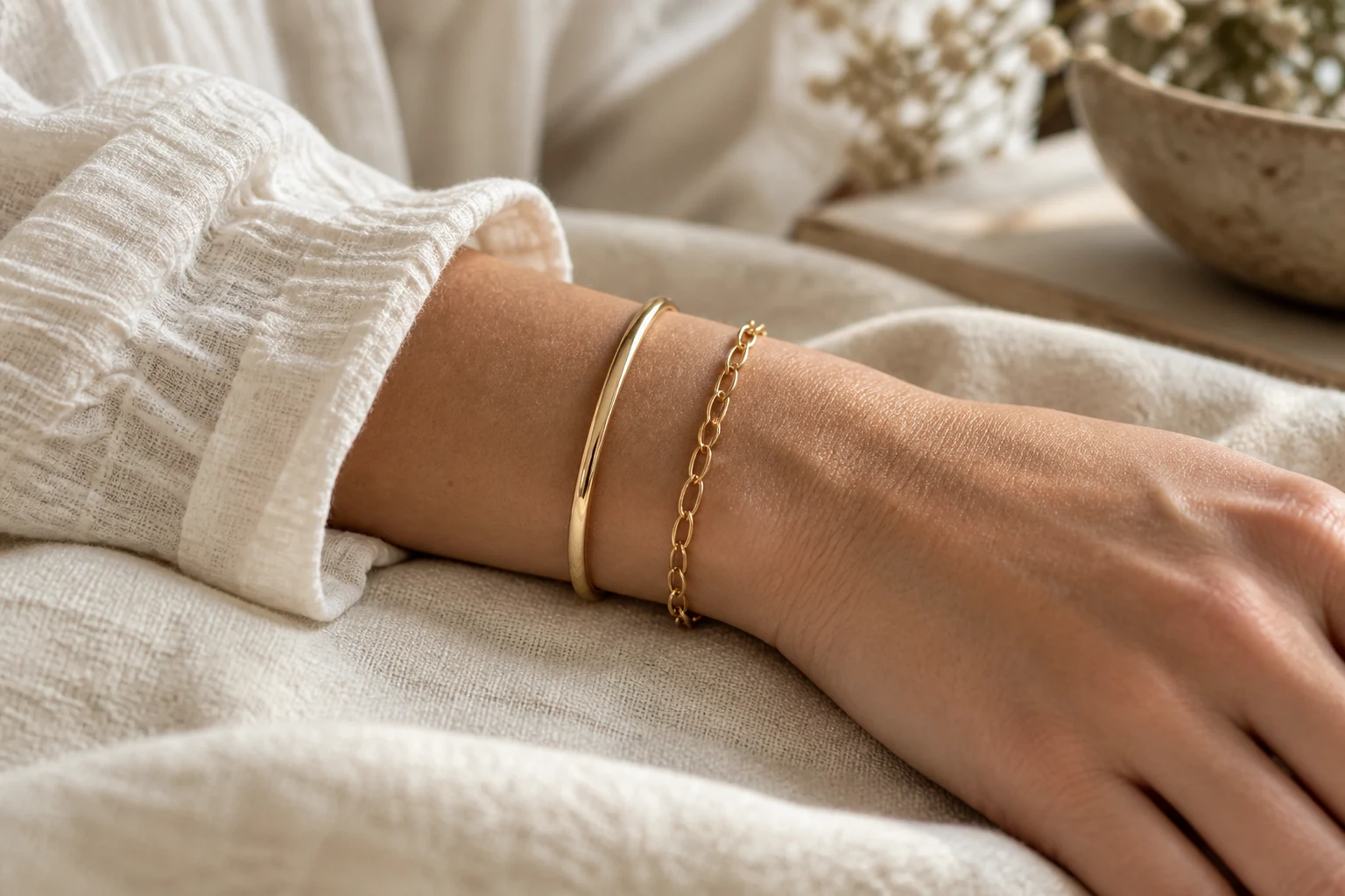 Poignet avec un jonc doré et un bracelet chaîne sous une manche ample écrue