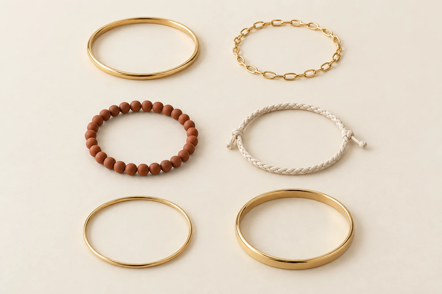Trois paires de bracelets : chaîne et jonc, perles et cordon, puis deux joncs