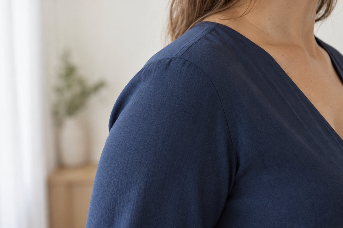 Couture d'épaule d'une blouse bohème posée sur l'os de l'épaule