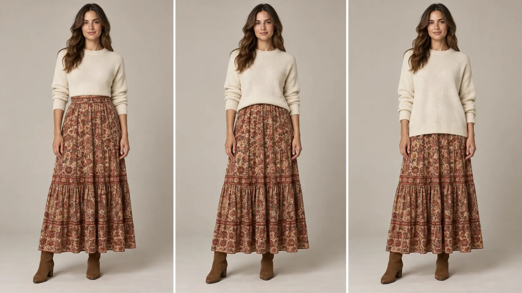 Comparaison de trois hauteurs de pull court avec une jupe bohème taille haute