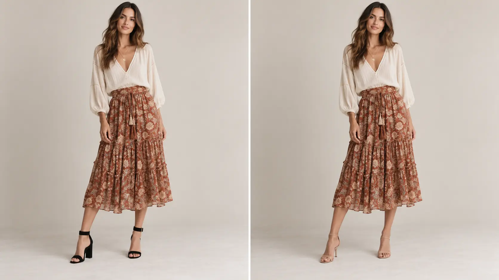 Jupe midi bohème comparée avec chaussures contrastées et chaussures dans la continuité du bas